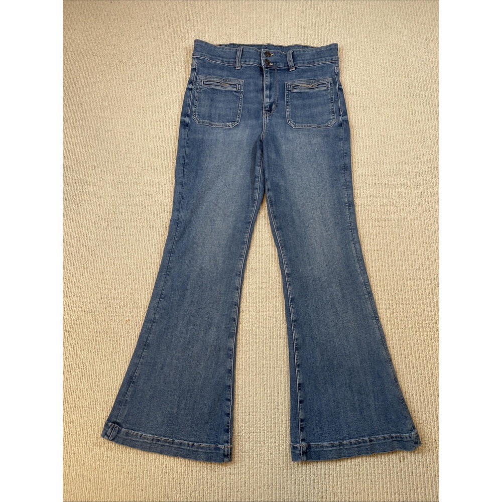 American Eagle Women's 12 Super Hi-Rise Flare Jeans Square Patch Pocket Blue
